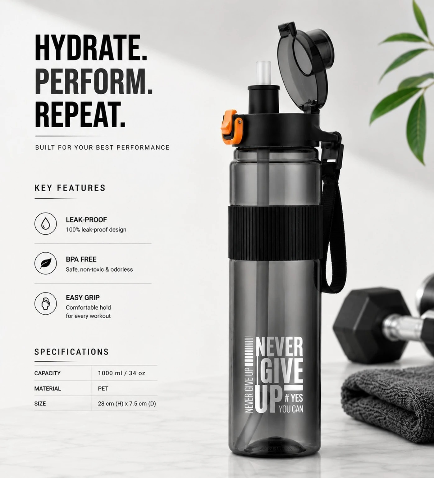 UPSILON Plastic 1 Litre Grip Sports Water Bottle